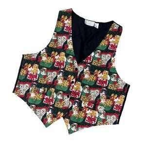 Vintage Christmas Vest Top Kitty Cats 90s Kitschy Red Black USA Granny Ivy Club